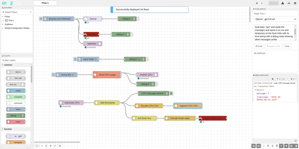 Flow Copilot drafted flow with MQTT, CSV and Redis nodes
