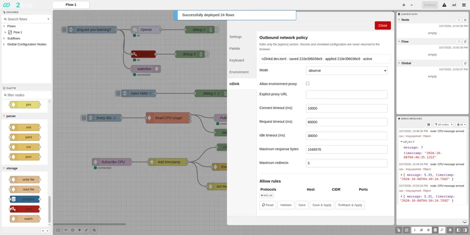 Outbound network policy settings in the editor